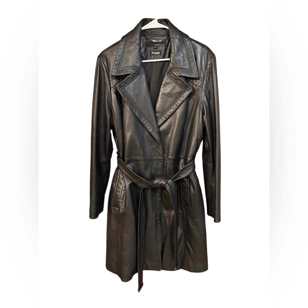Wilsons Leather Black Leather Tie Trench Coat